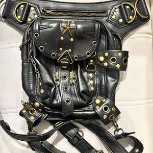 Black Leather Belt Bag with Gold Accents Leg Thigh Bag